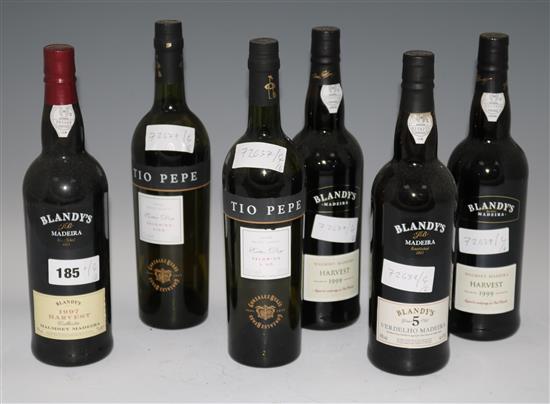 Four assorted Blandys Madeira and two bottles Tio Pepe Extra Dry sherry